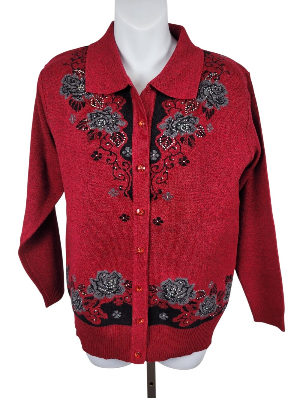 Y2K 80% Mercerized Wool Red Button Down Floral Pattern Top Blouse Size: Large